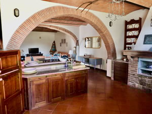 Vista dalla cucina con isola centrale e camino in pietra, incorniciata da volte in cotto e dettagli vintage.