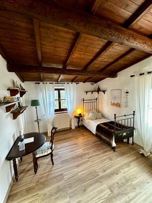 Accogliente stanza singola con arredi rustici, pavimento in legno chiaro e doppia finestra immersa nel verde.