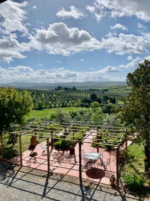 Terrazza con pergolato e tavolo in ferro battuto affacciata su un paesaggio collinare verdeggiante e alberi di ulivo.